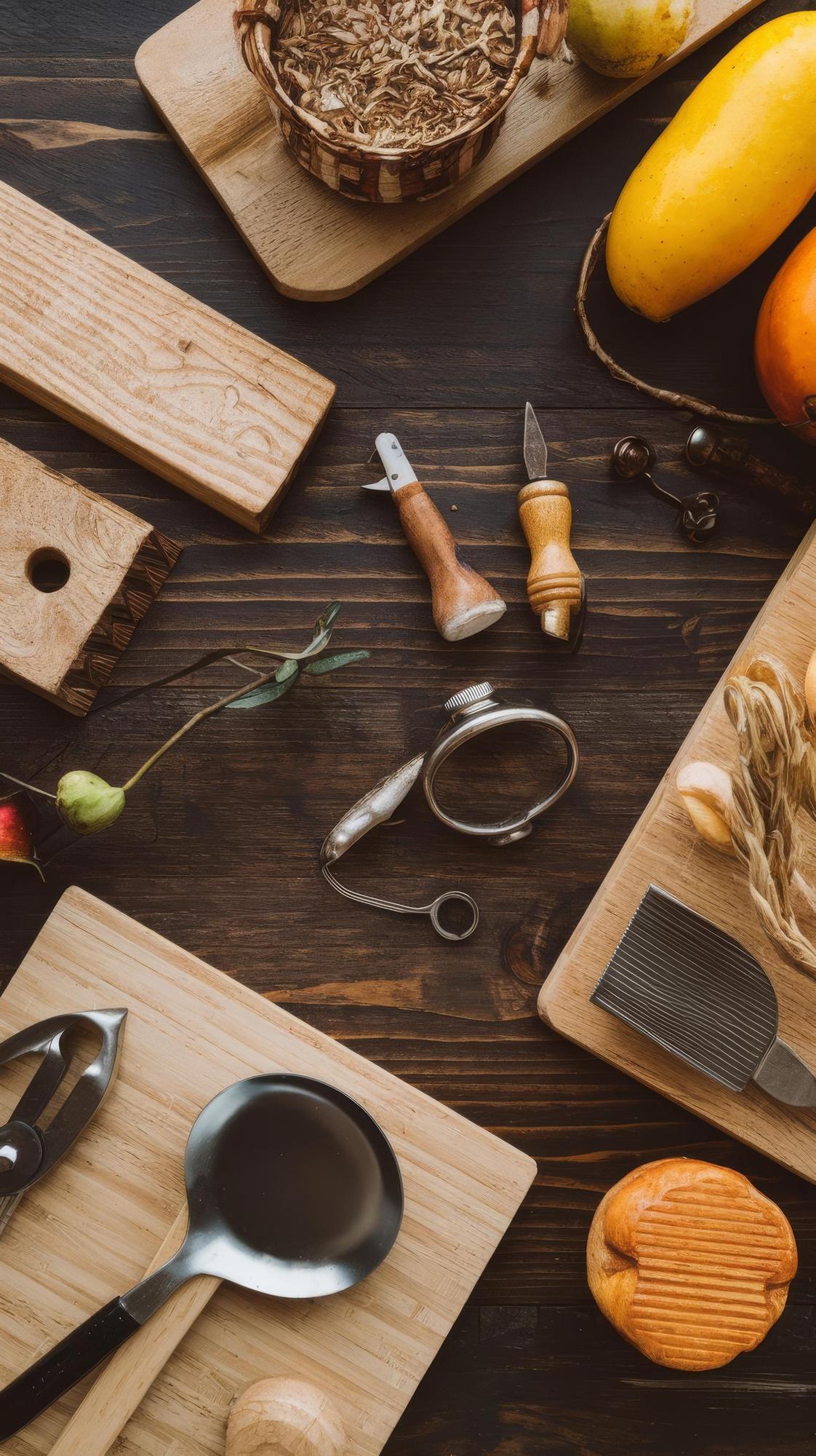 Banco da cucina con strumenti e ingredienti disposti ordinatamente